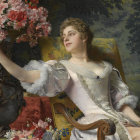 Classic portrait of a woman in a white dress with golden tiara and roses