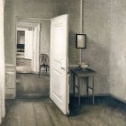 Old Room Painting: Open Doors, Shabby Walls, Chair Reflection, Small Table