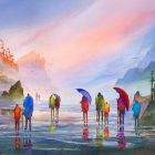 Five People in Colorful Clothing by Reflective Water with Surreal Sky