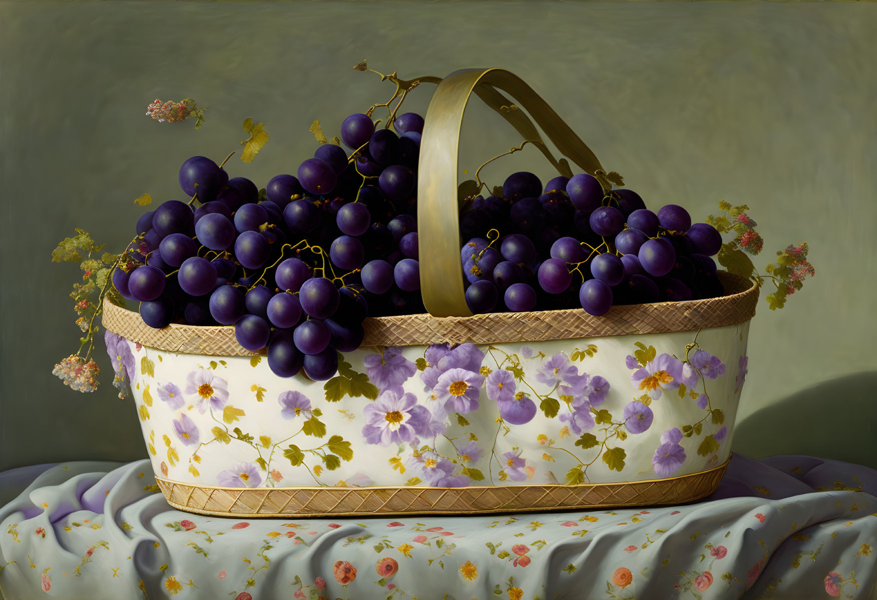 Purple grapes in basket on floral cloth: Still life painting