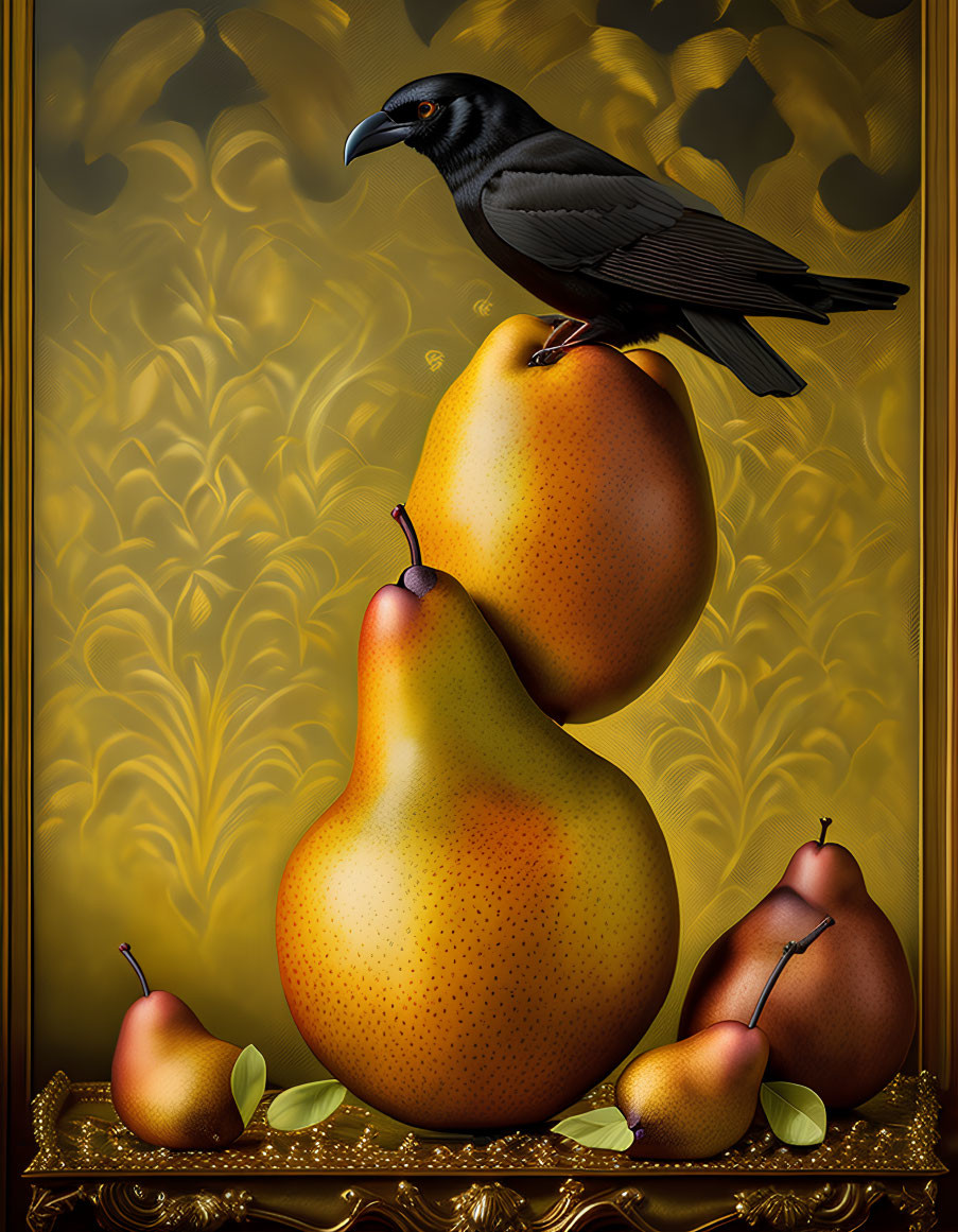 Raven perched on stacked pears with gold wallpaper backdrop