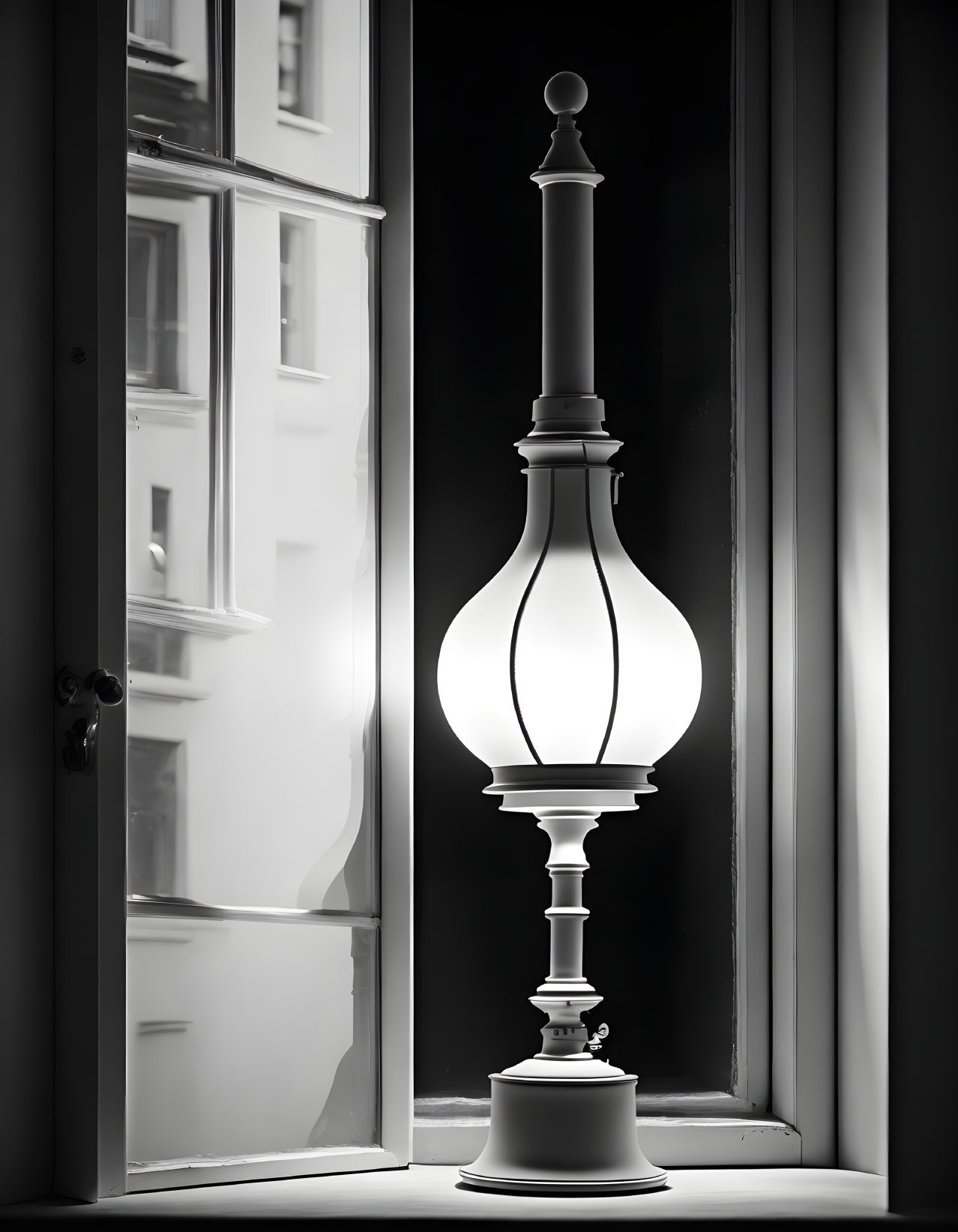 Sleek design table lamp on illuminated windowsill