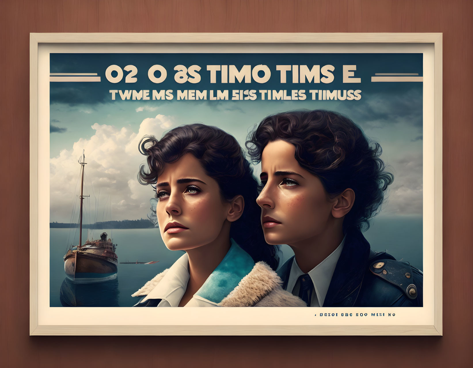 Vintage poster: Two women in retro clothing by the ocean with boat.