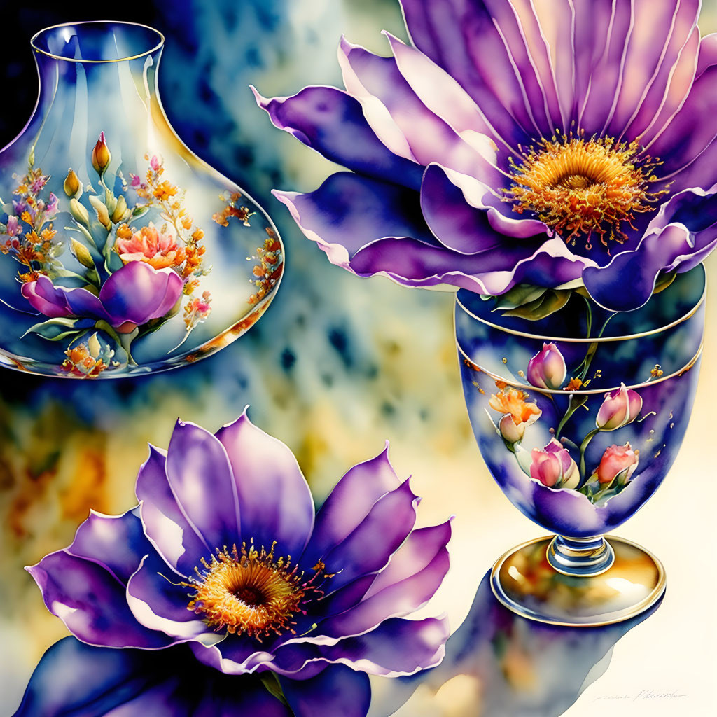 Colorful artwork: Purple blooms, glass vase, and stem glass on speckled blue backdrop