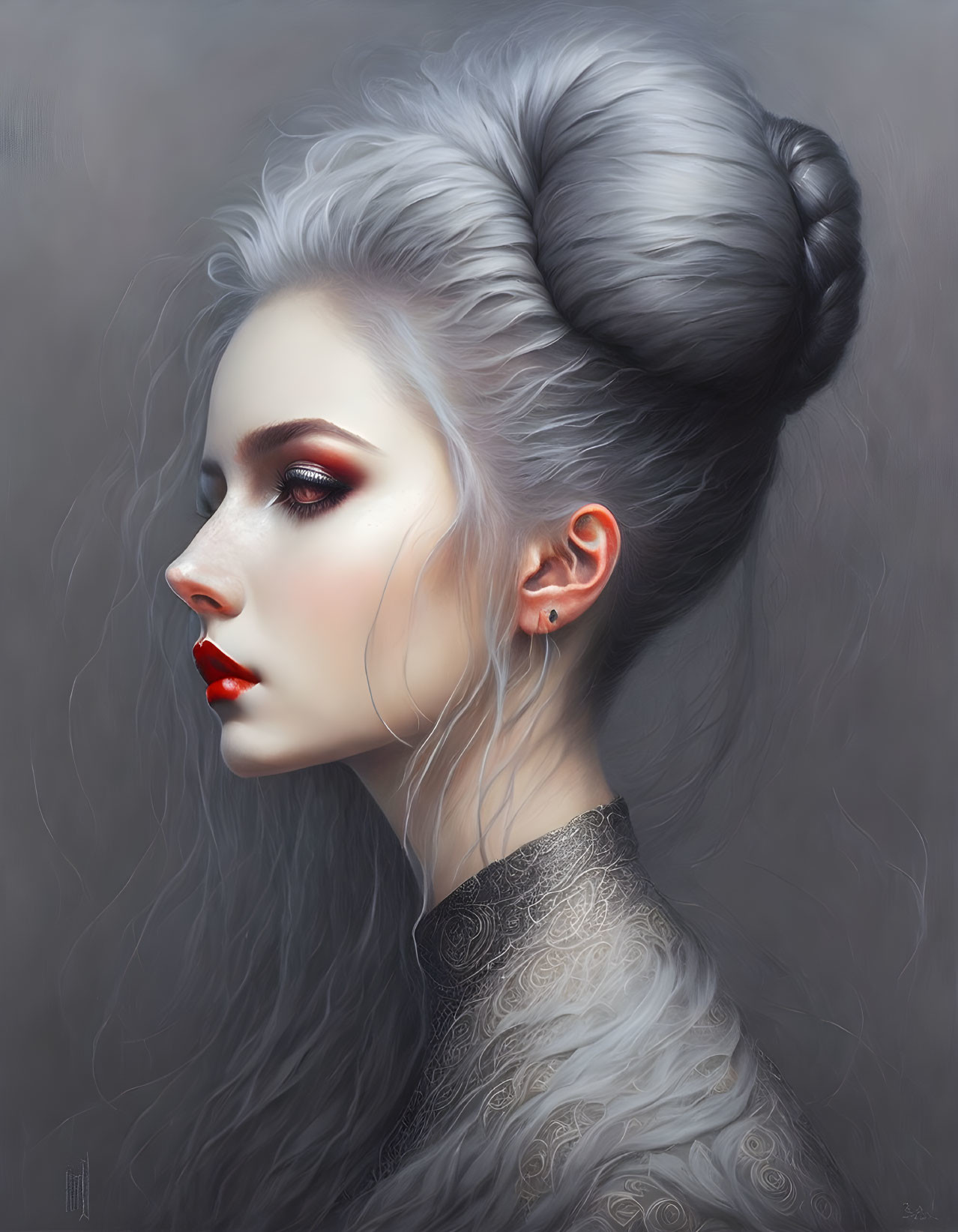 Silver-haired woman with bun hairstyle, grey eyes, red lipstick, and lace garment detail