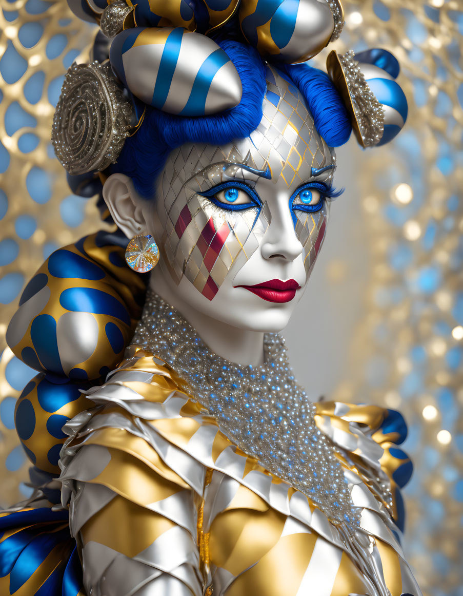 Colorful portrait of female figure with blue checkered makeup and golden costume on glittery backdrop