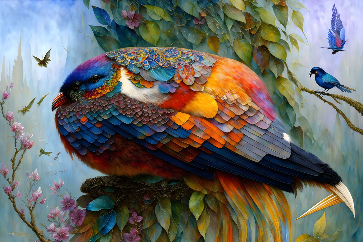 Colorful artwork of fantastical bird perched on branch with blossoms