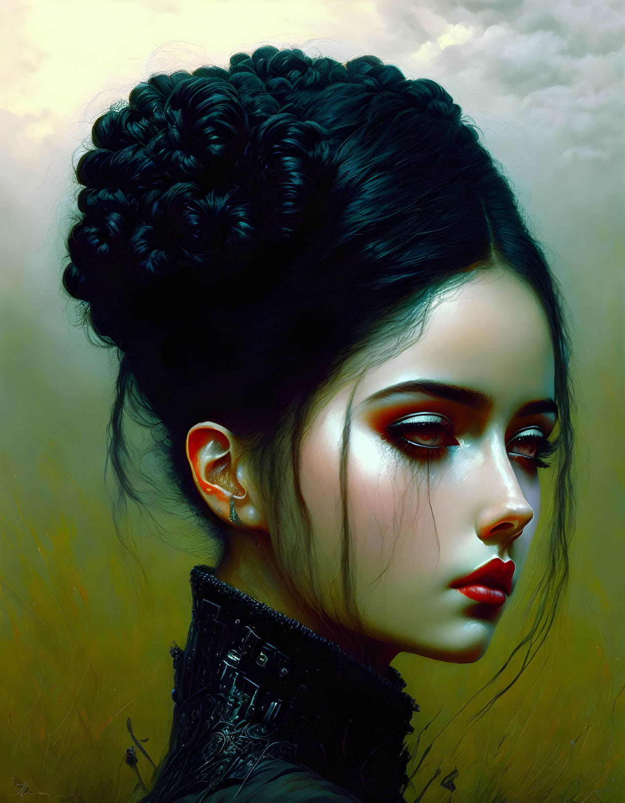 Woman with intricate updo and red eye makeup in digital artwork