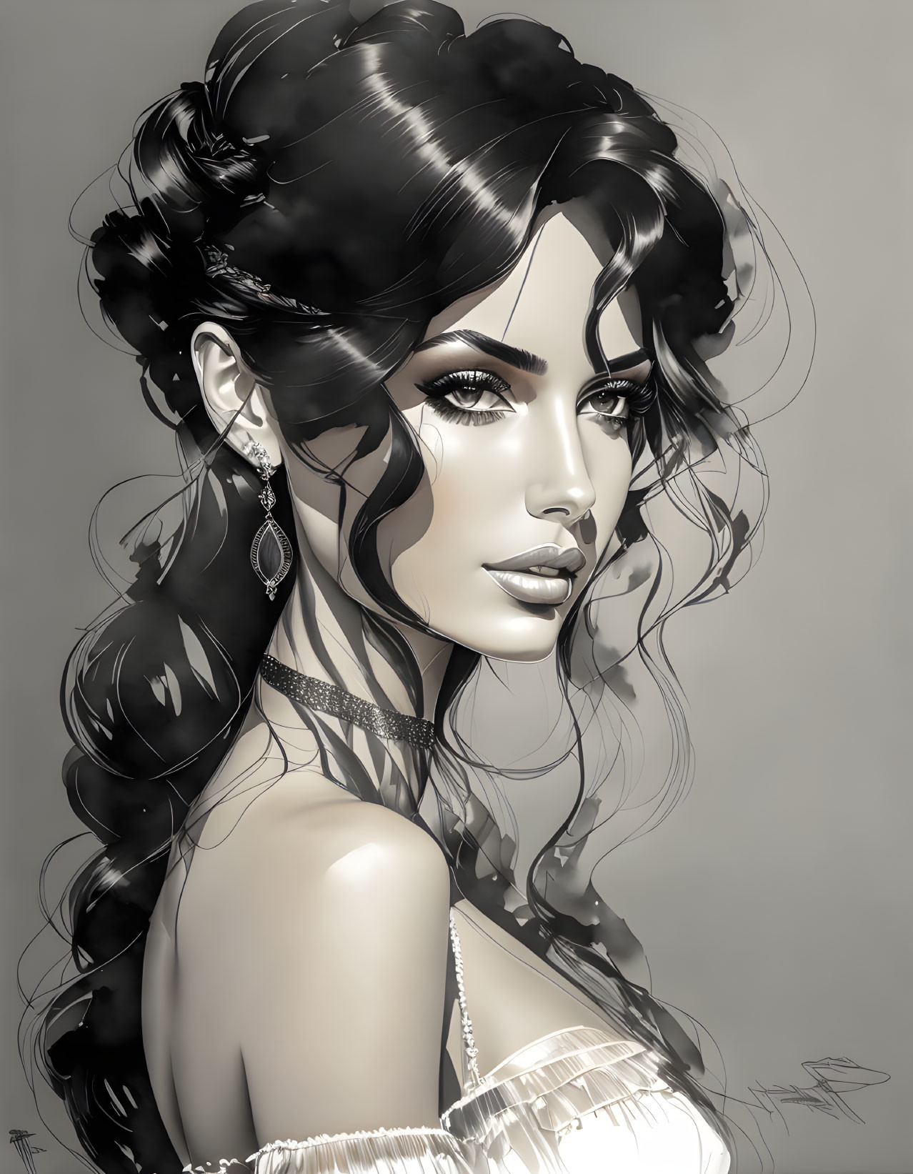 Monochromatic digital illustration of elegant woman with voluminous wavy hair and sophisticated makeup