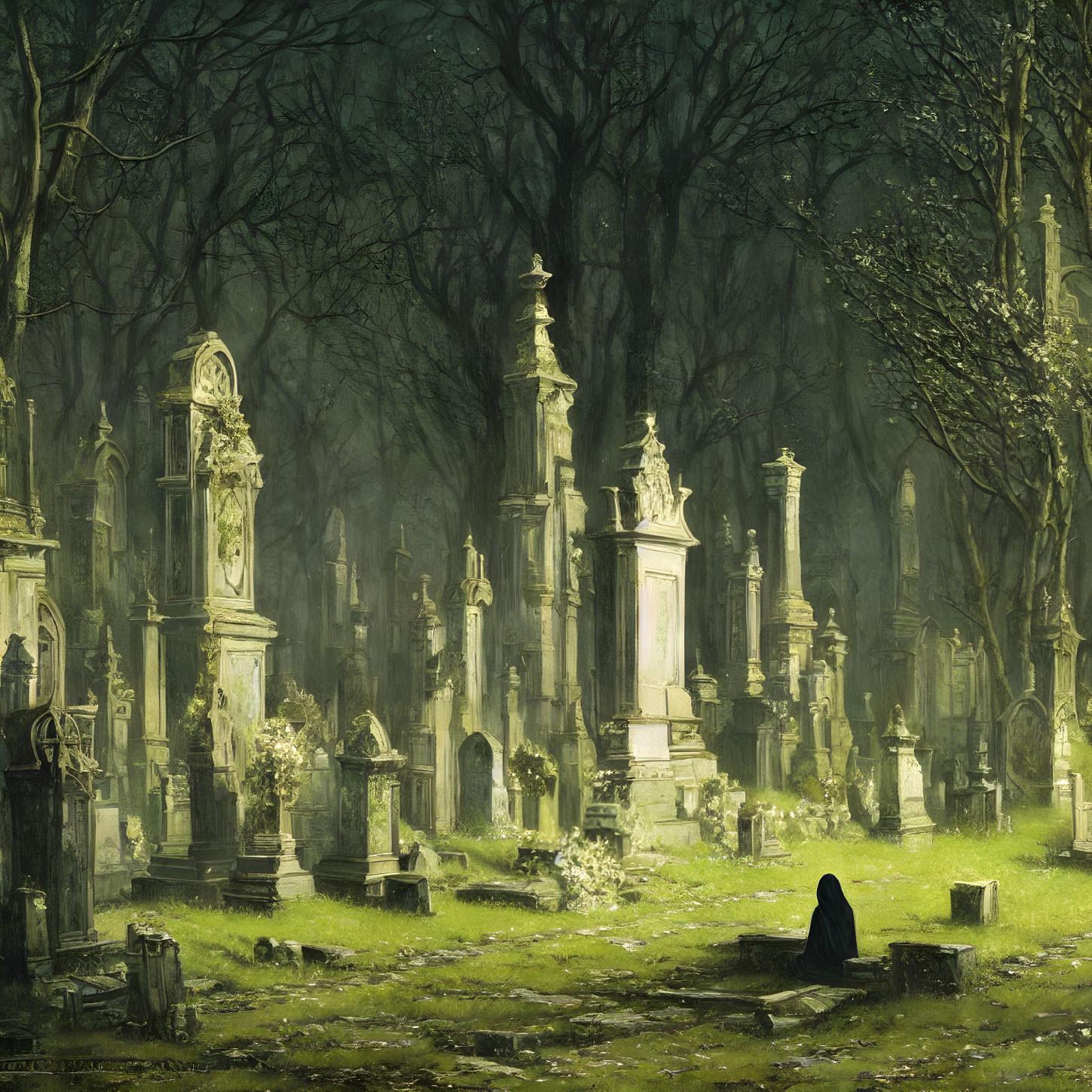 Lush Green Cemetery with Weathered Tombstones and Cloaked Figure