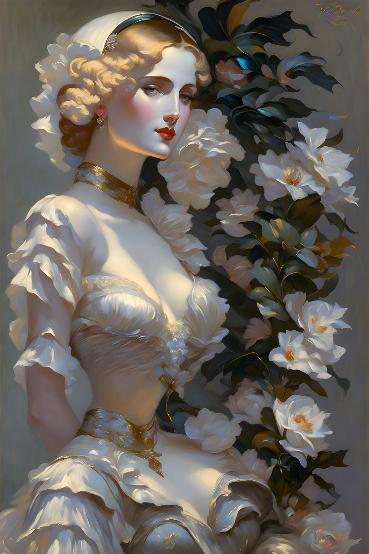 Blonde woman in white period dress with golden accents and white flowers