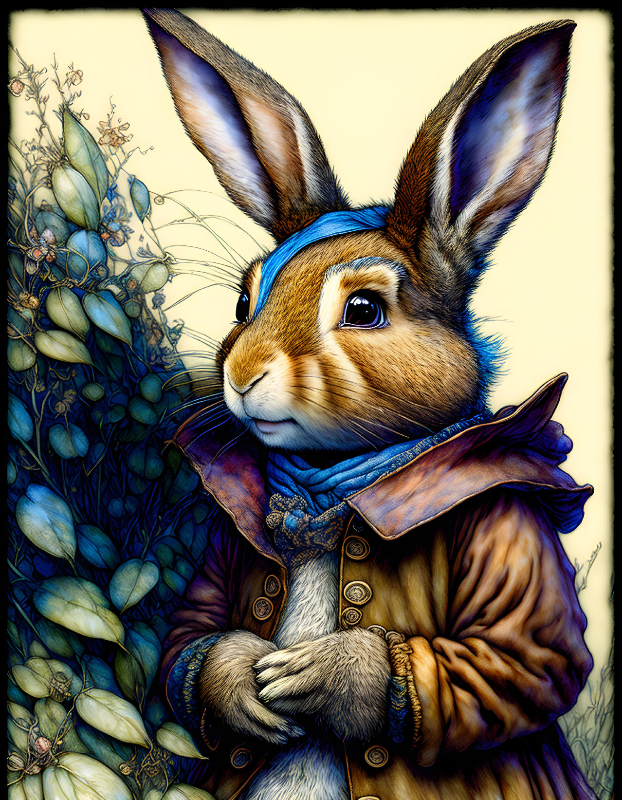 Anthropomorphic Rabbit in Vintage Coat and Scarf on Floral Background