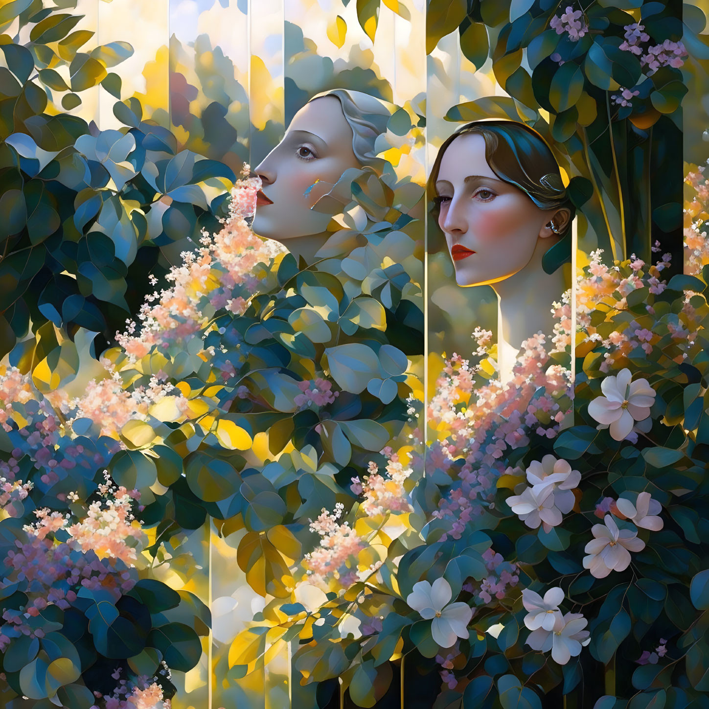 Vibrant image of two women's faces with flowers and golden light.