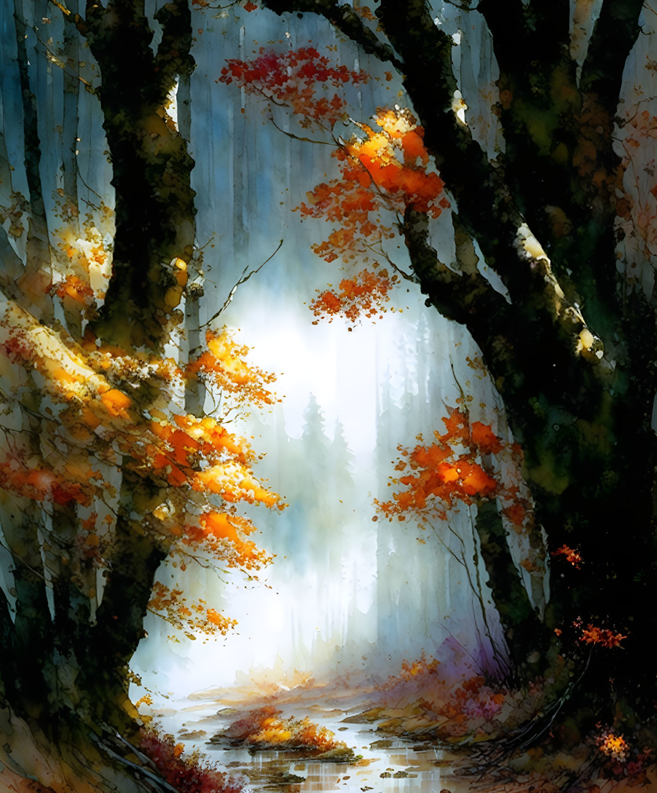 Sunlit Autumn Forest with Tall Trees and Colorful Leaves