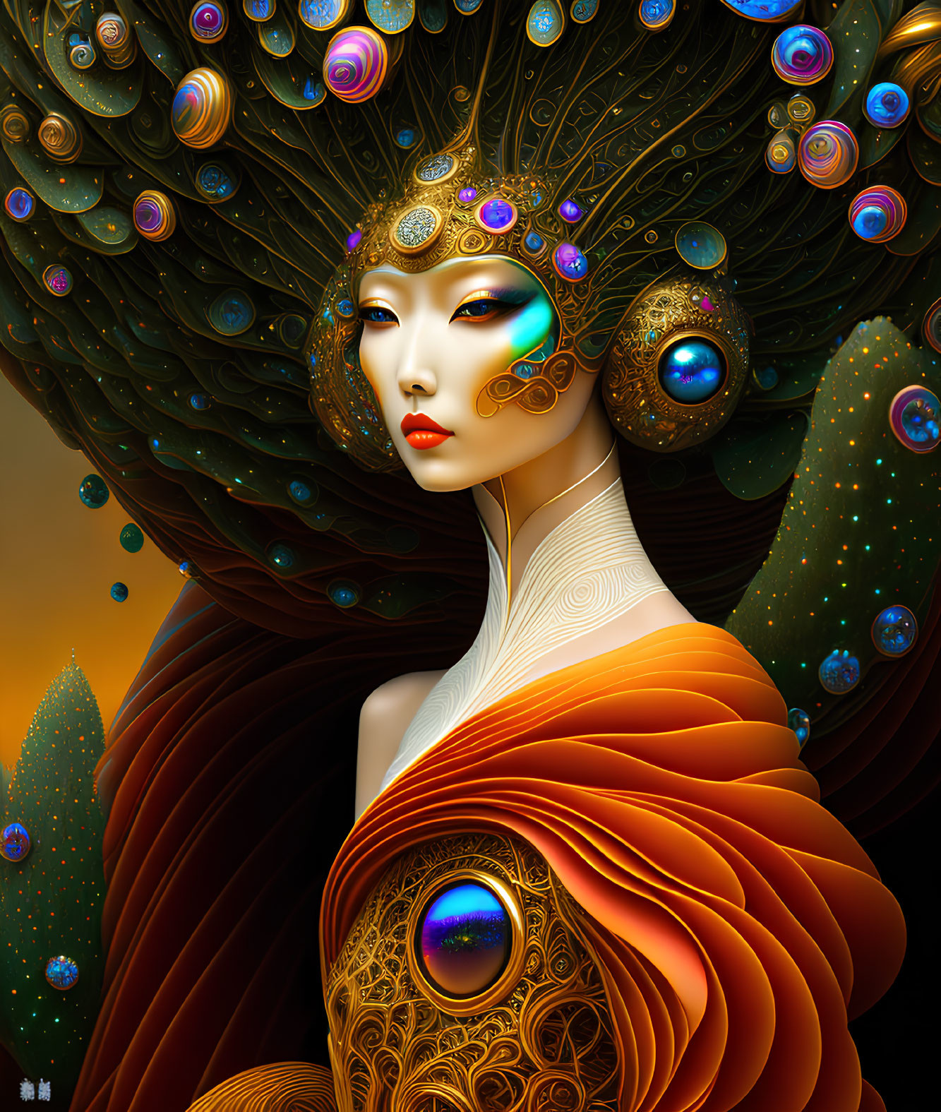 Stylized digital artwork of woman with peacock feather embellishments