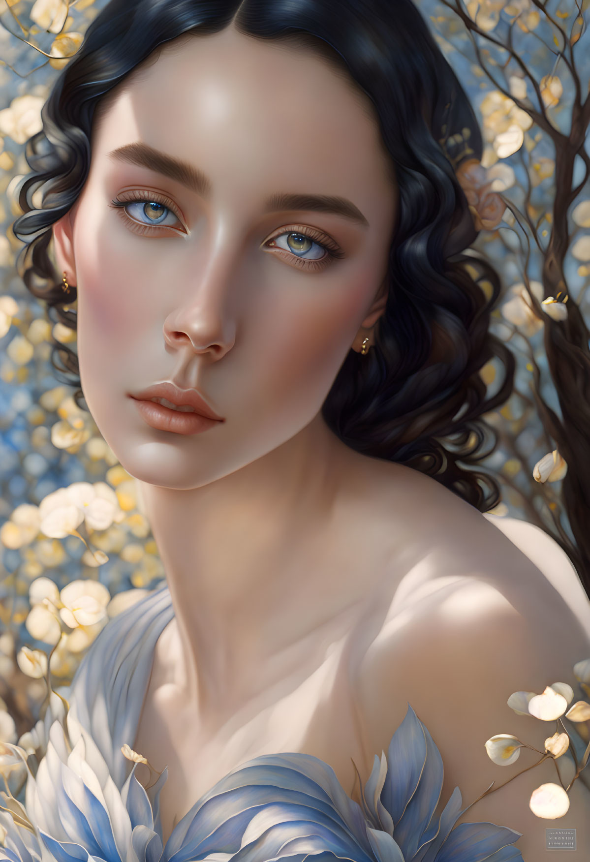 Digital portrait: Woman with porcelain skin, blue eyes, and dark hair among golden white blossoms