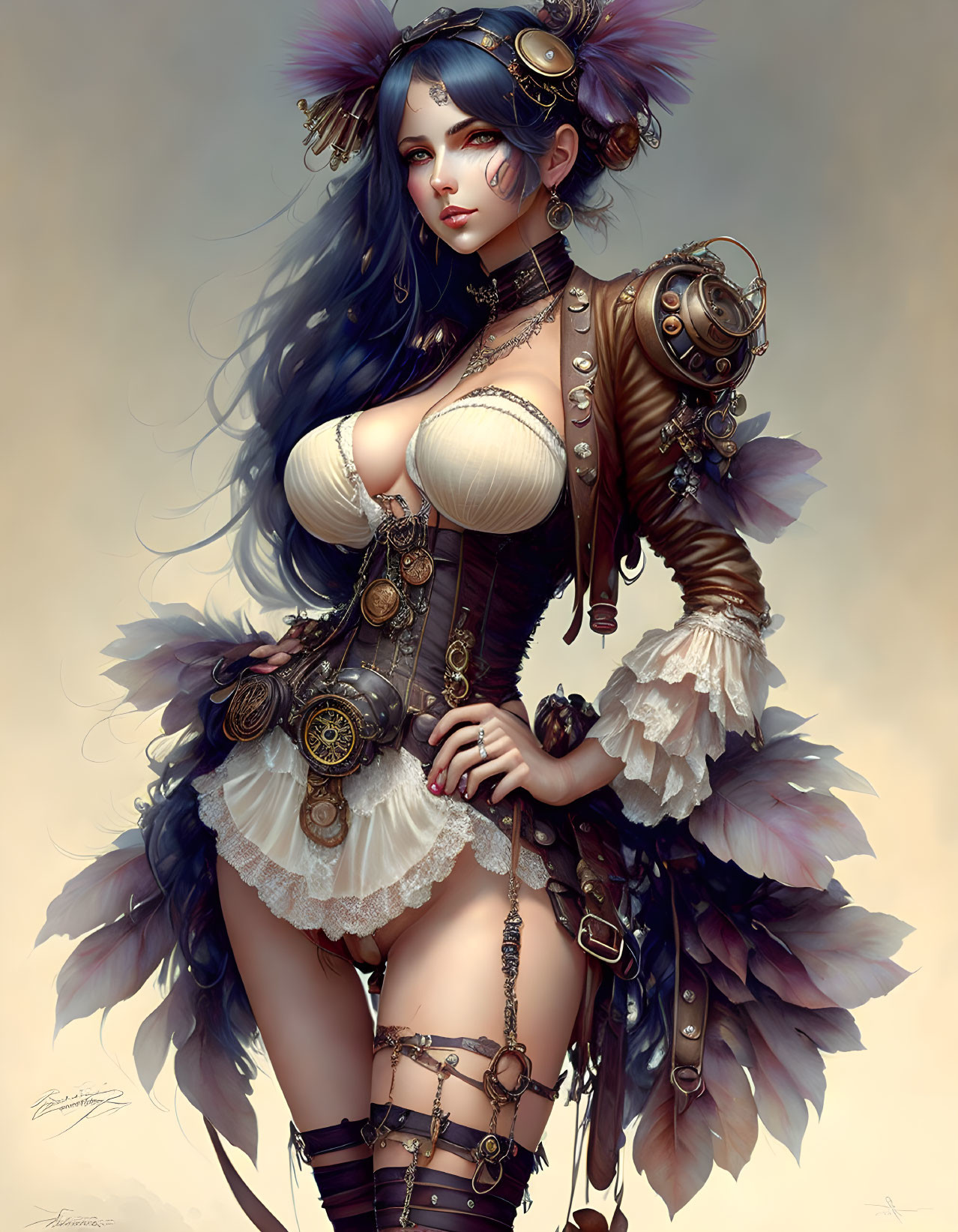 Steampunk-themed digital art of woman with blue hair