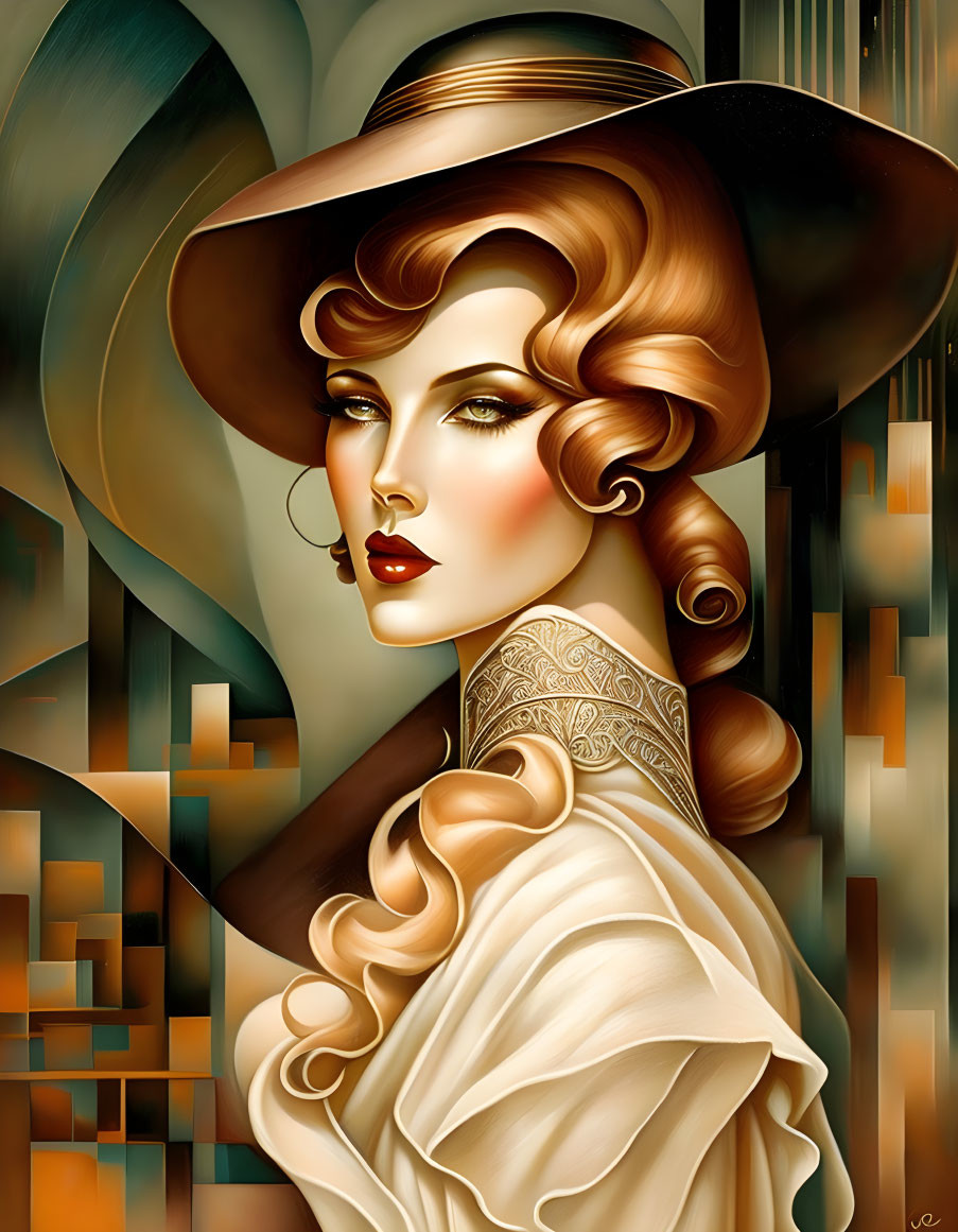 Art Deco style illustration of elegant woman with curls in wide-brimmed hat and cream blouse against