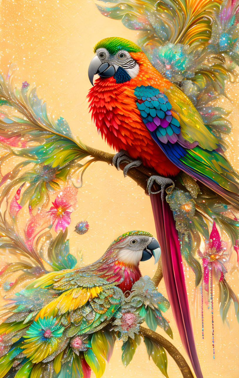 Colorful Parrots Perched on Branches Amid Vibrant, Fantastical Foliage