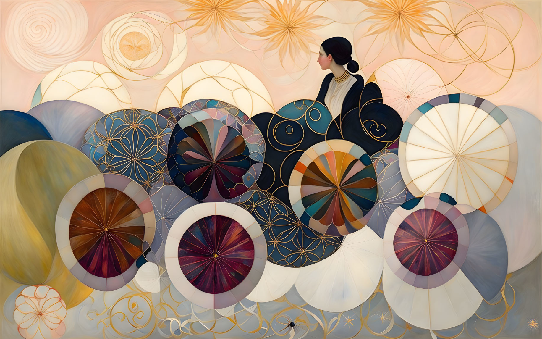 Contemplative person surrounded by colorful circles and intricate patterns