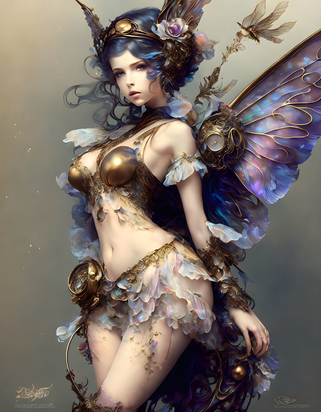 Fantasy artwork of female figure with butterfly wings and ornate armor