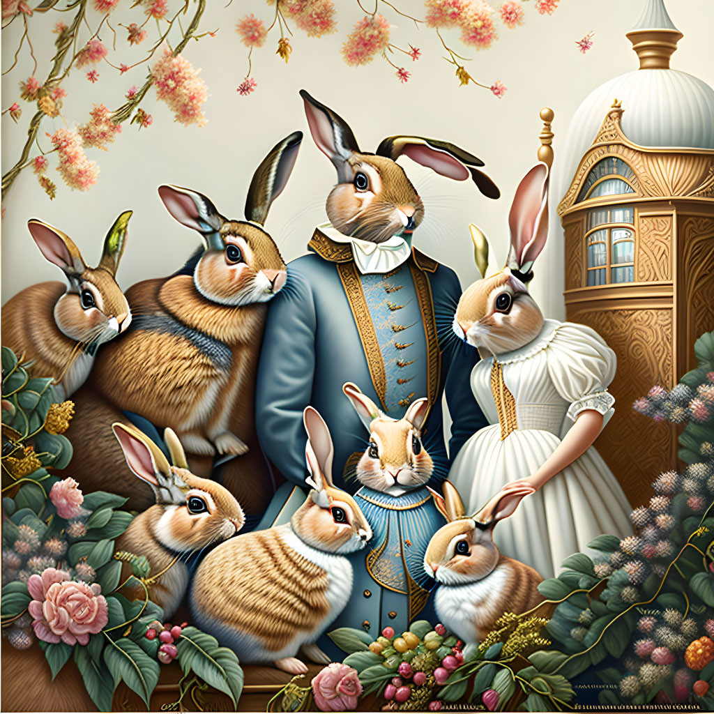 Regal Victorian-dressed anthropomorphic rabbits in lush flora setting