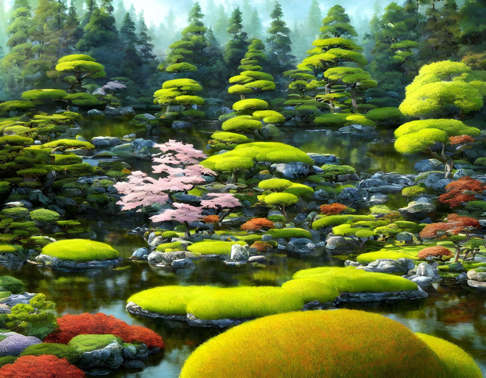 Japanese garden with moss-covered rocks, lush trees, pond, and cherry blossom tree.