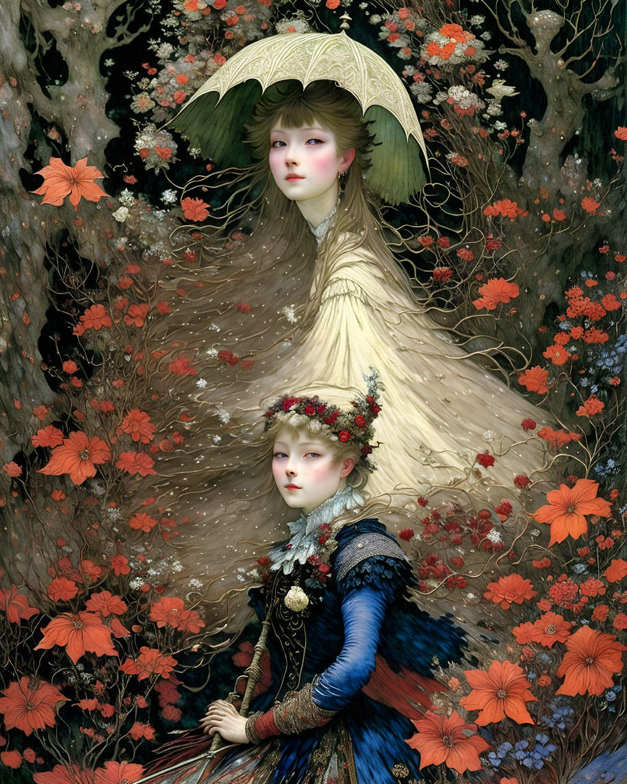 Two girls with delicate features in lush floral setting, one in cream gown with parasol, the other