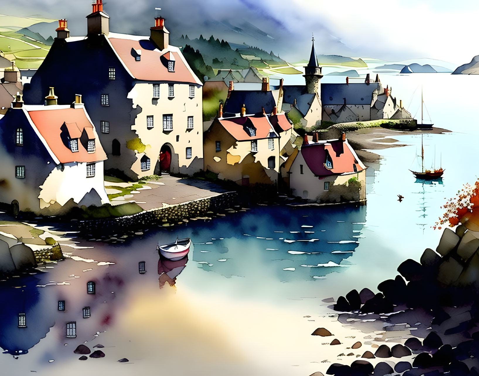 Colorful houses, church spire, boats, hills in seaside village scene