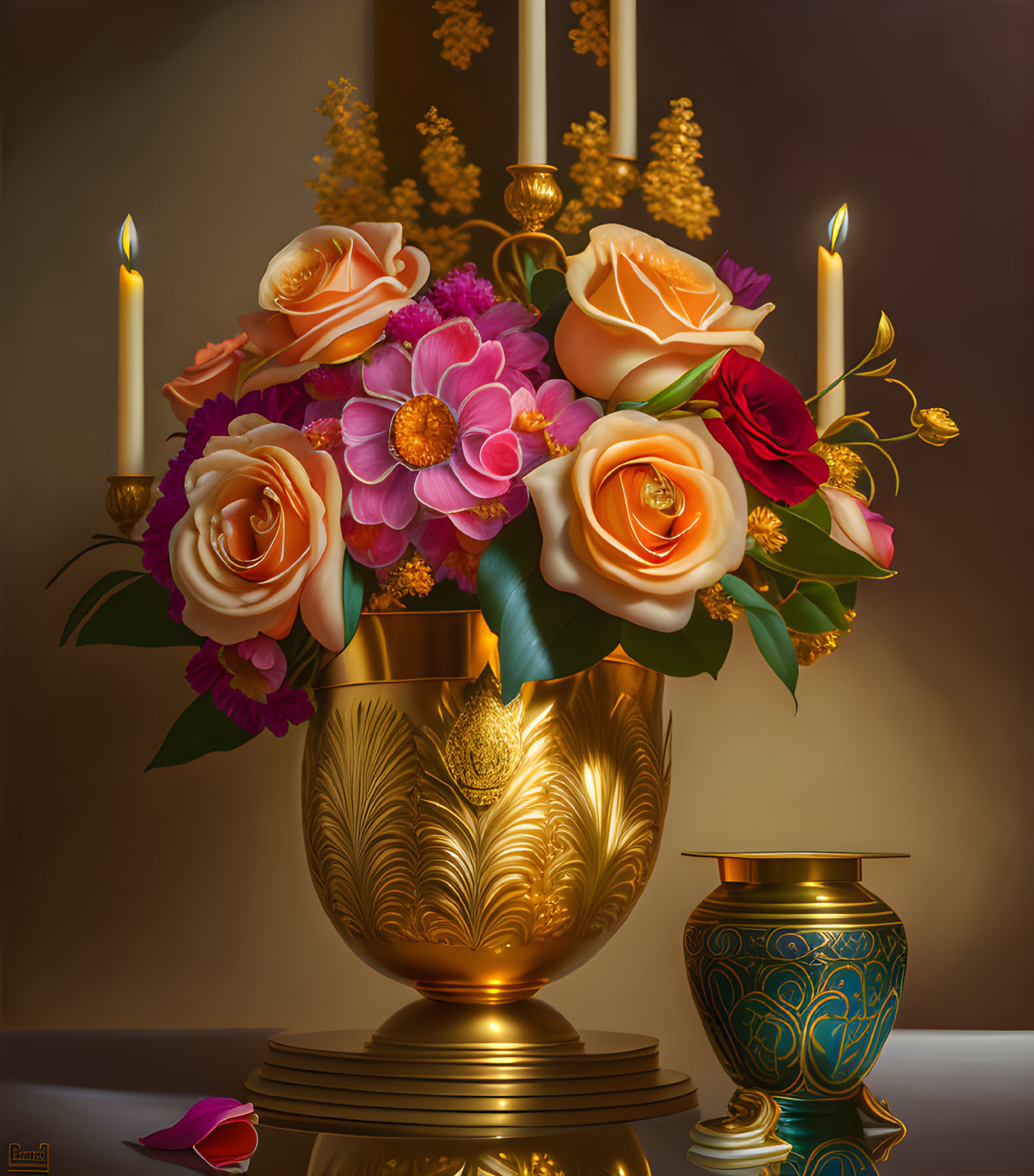 Elegant still life painting with flowers in golden vase