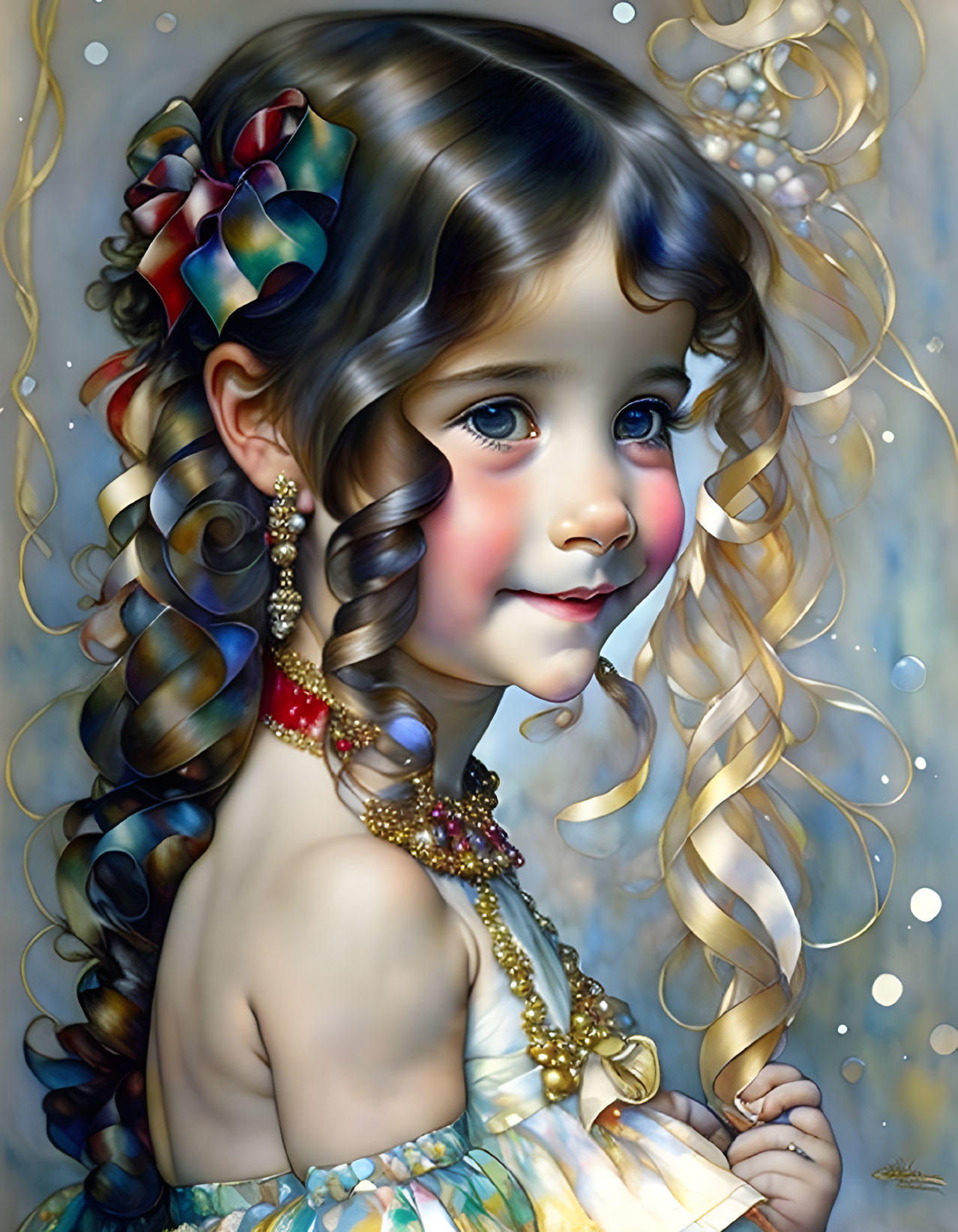 Young girl with curly hair and blue eyes in whimsical setting