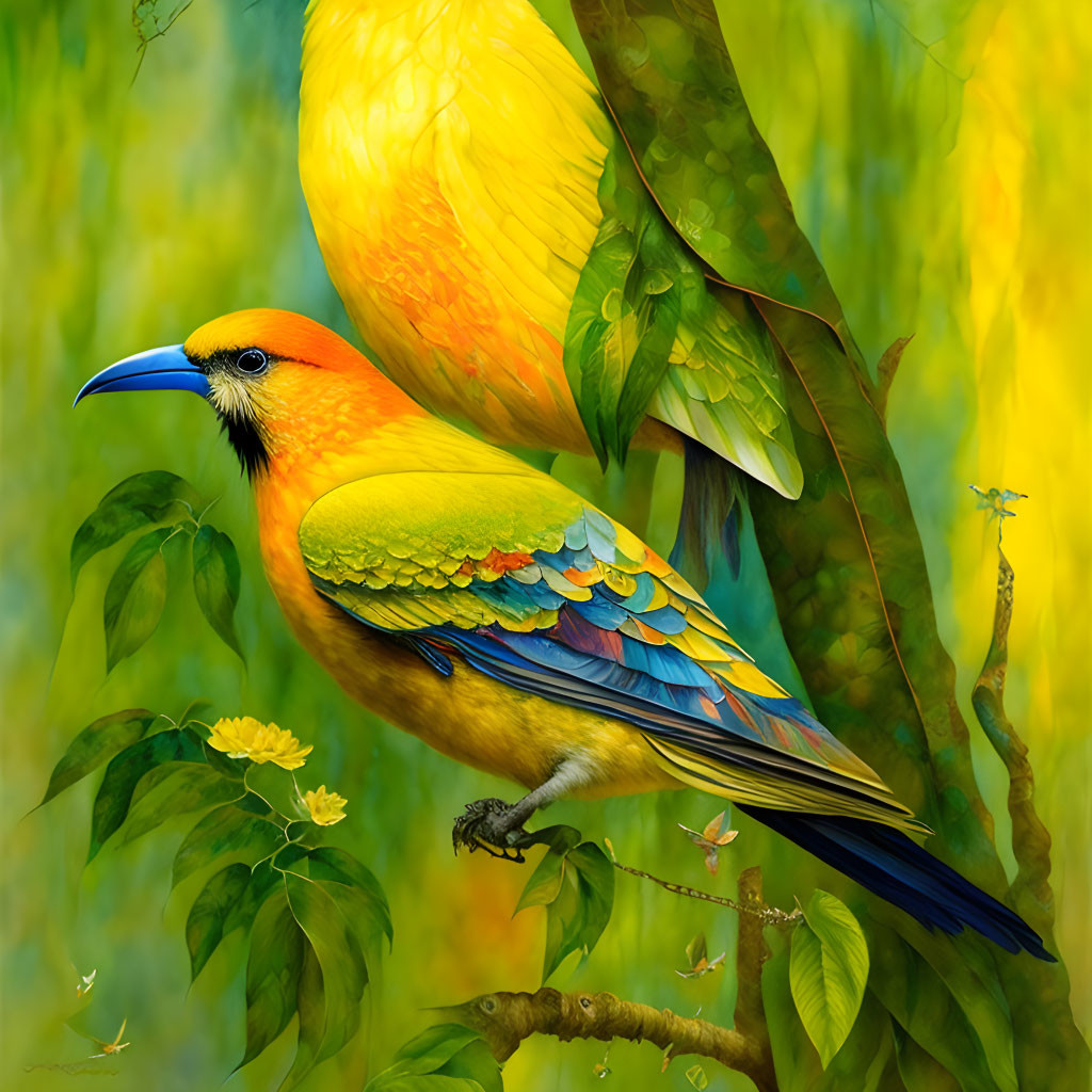 Colorful Bird Illustration Perched on Branch with Flowers