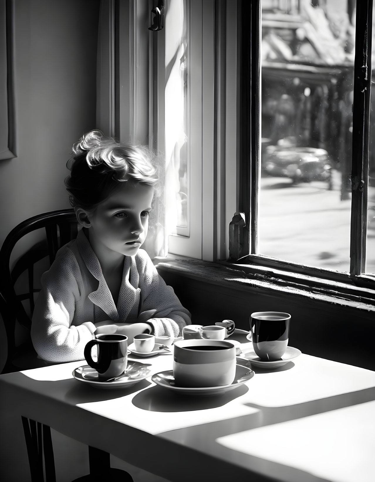 Child sitting at café table with teapot and cups in black and white scene