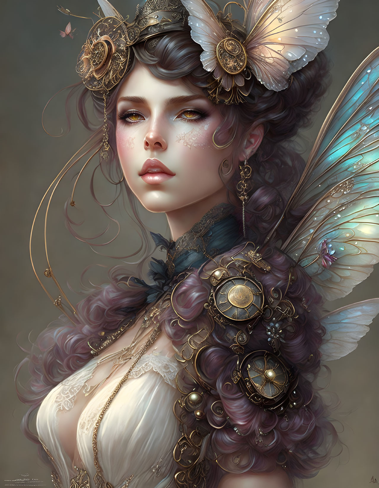 Fantasy portrait of woman with purple hair and golden accessories