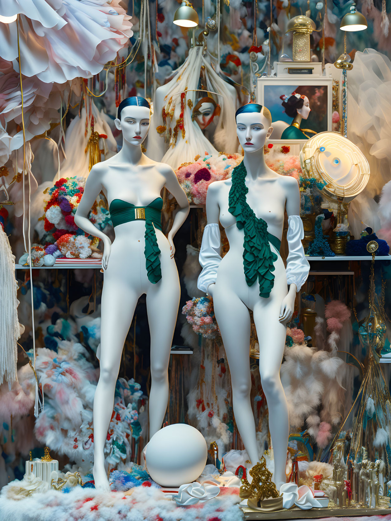 Avant-garde green and white dresses on mannequins in eclectic shop window