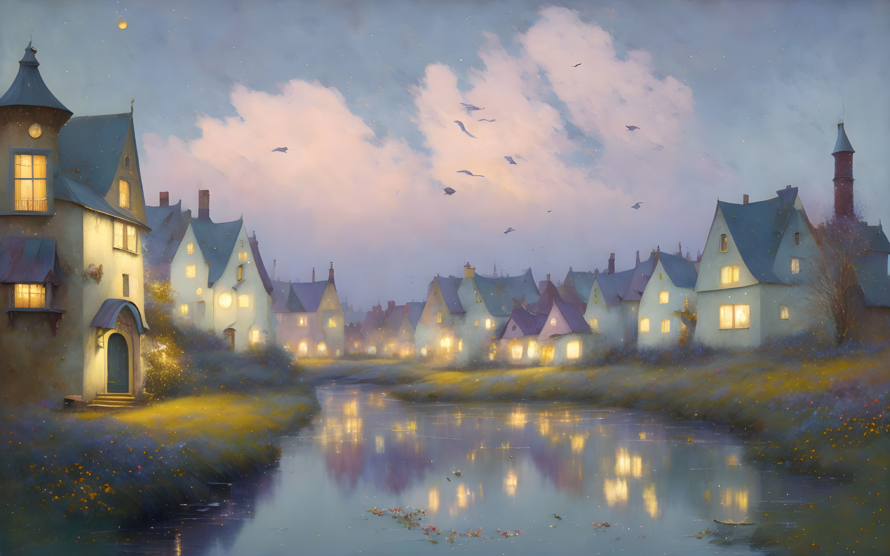 Tranquil village at twilight with glowing windows, river, and pastel sky