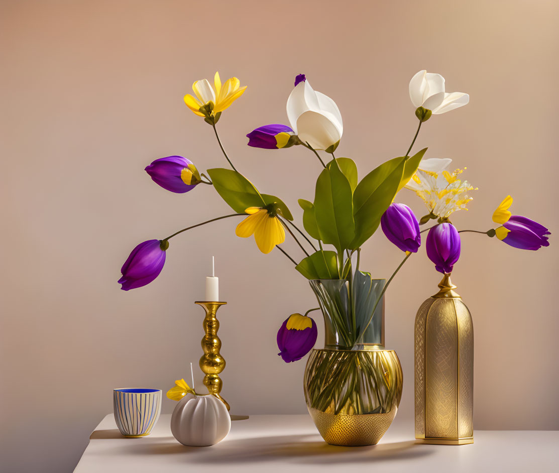 Vibrant purple and white flower bouquet with glass vase, cup, candlestick, and gold bottle