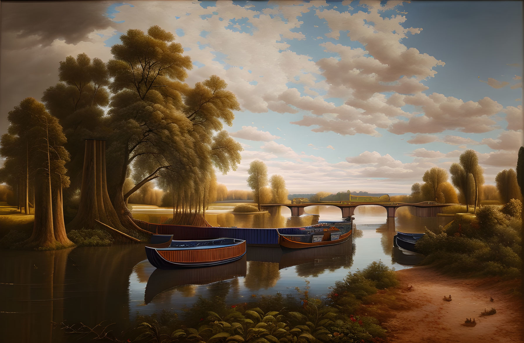 Tranquil riverscape at sunset with moored boats, stone bridge, willow trees, and