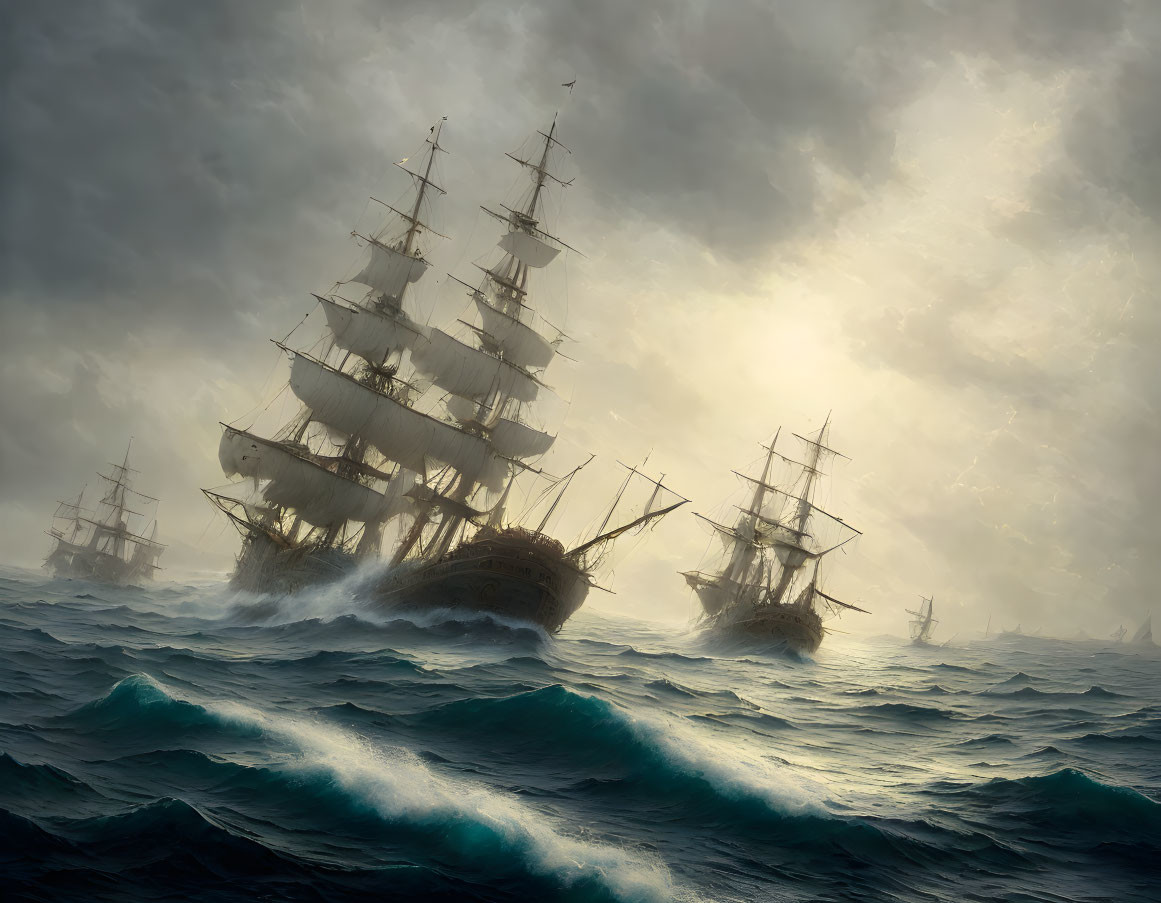 Tall ships sail turbulent seas under stormy sky