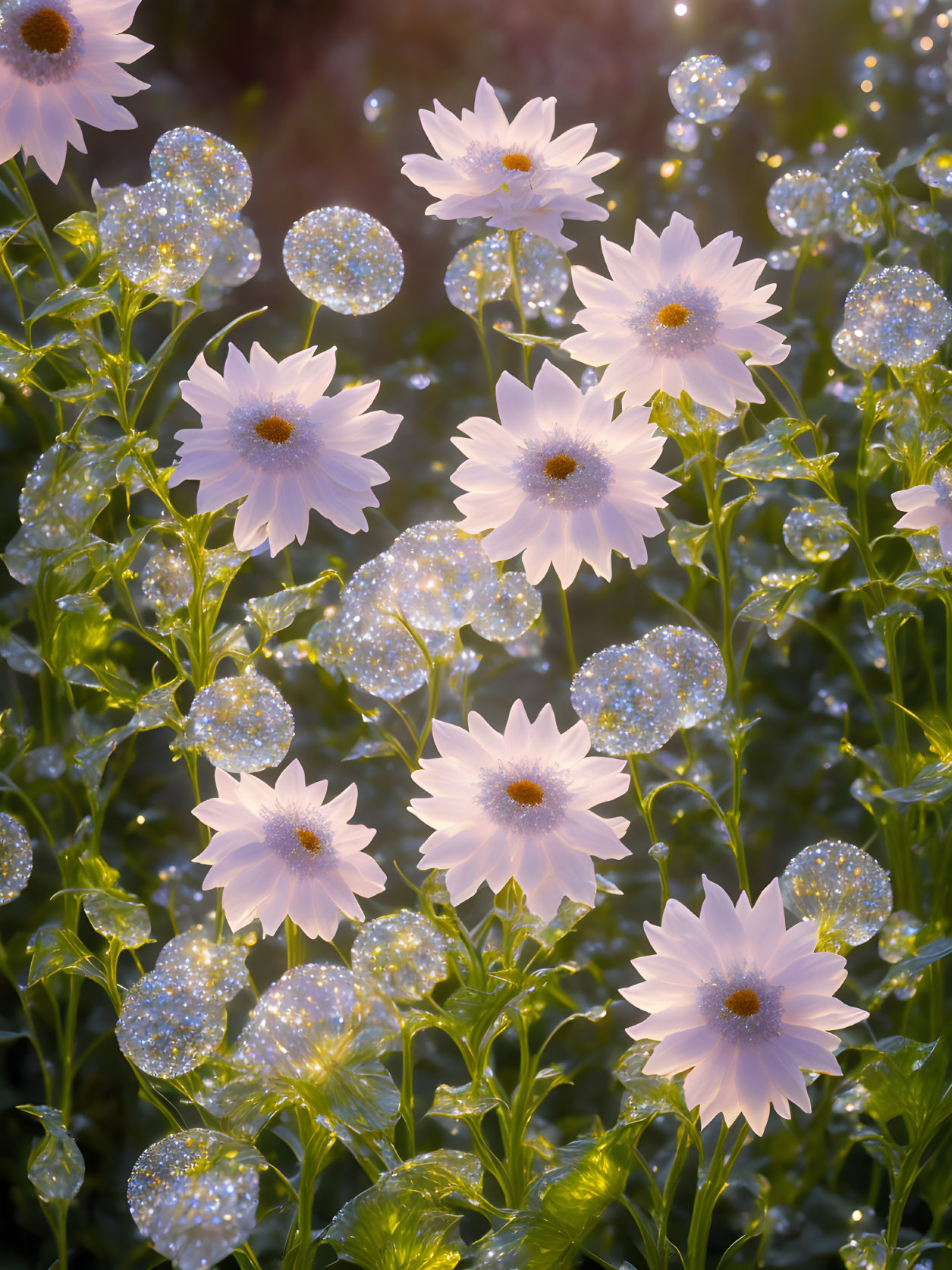 White flowers with pink center and dewdrops in sunlit setting