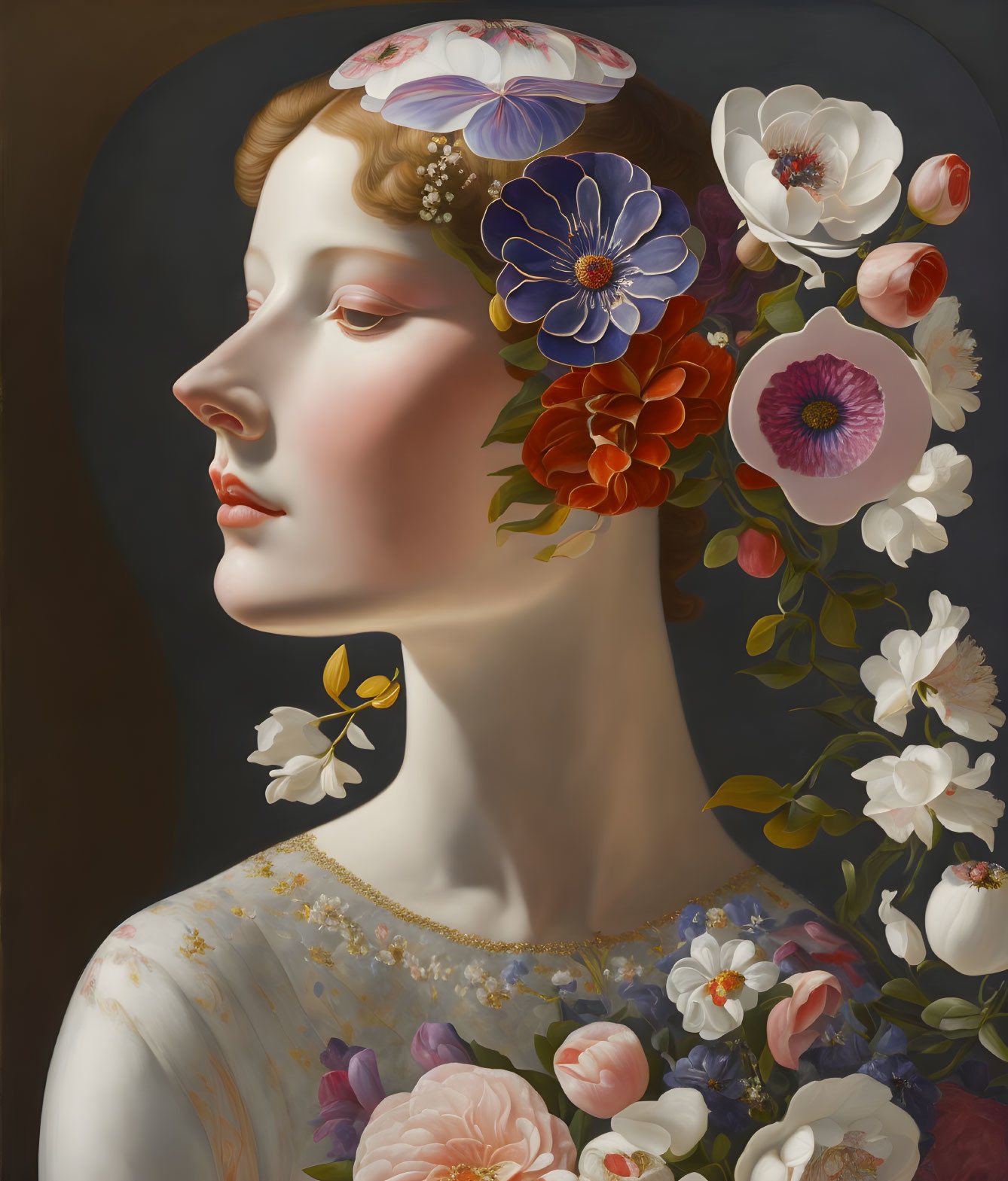 Profile portrait of a woman with flowers in her hair and classical beauty