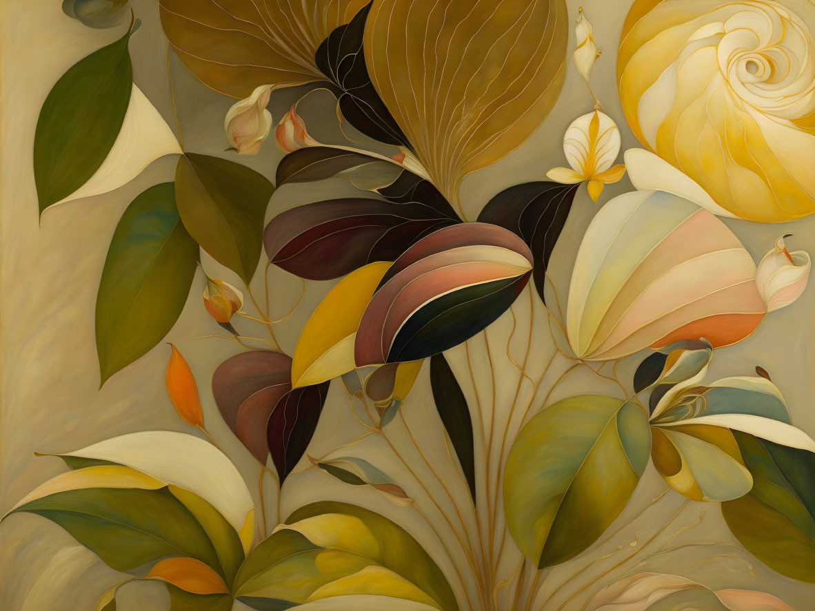 Floral Painting with Stylized Leaves and Blooms in Warm Tones