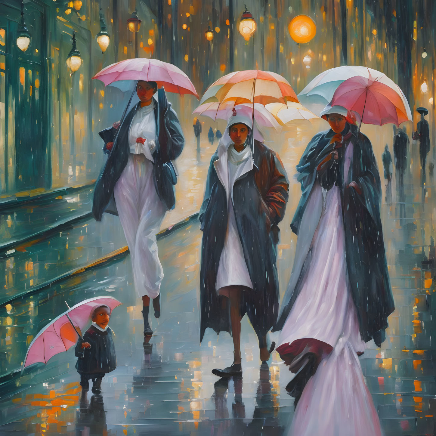 Rainy evening scene: People with umbrellas on lamp-lit street in cozy ambiance