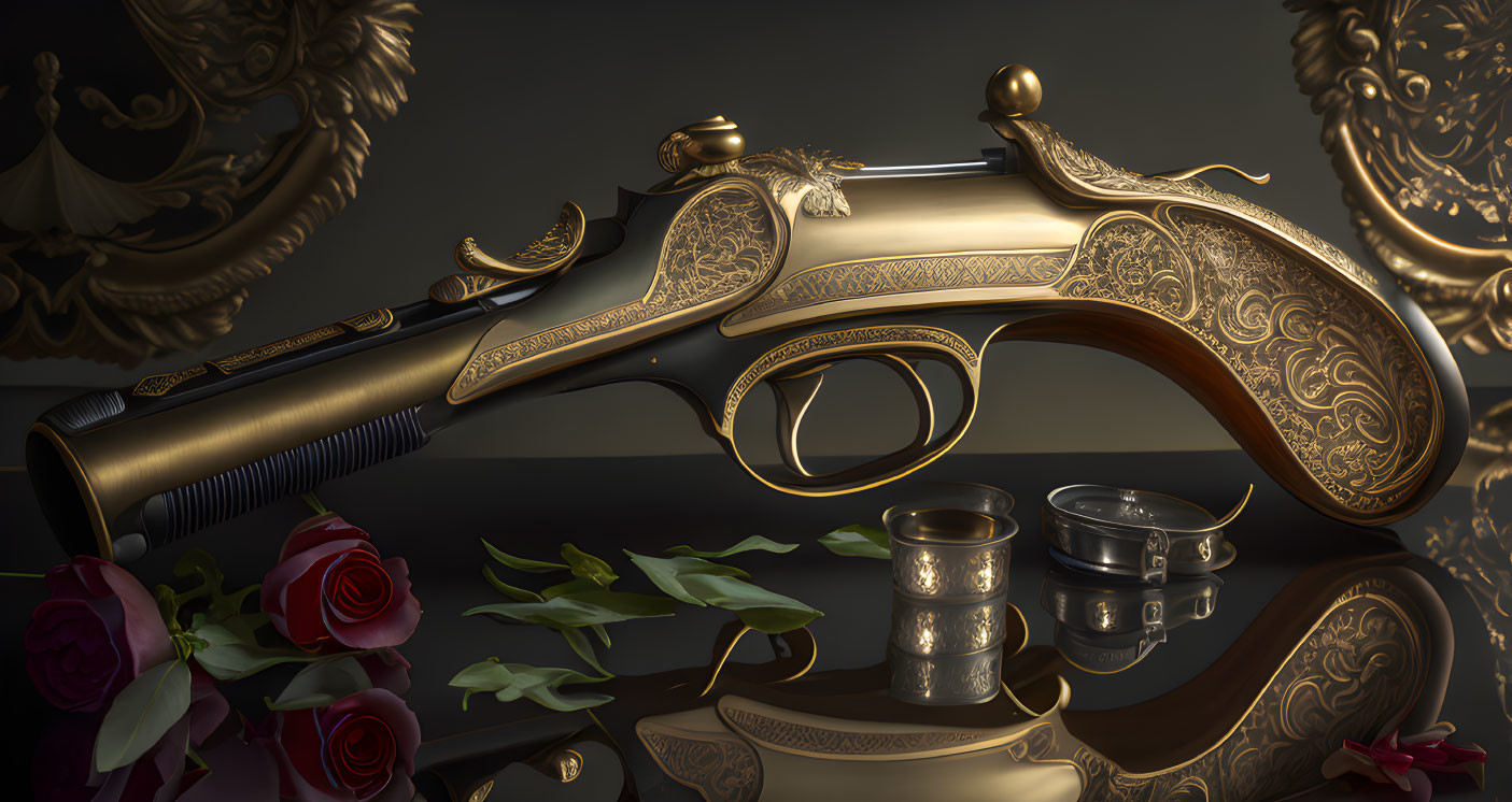 Antique pistol with gold detailing among roses and ornaments