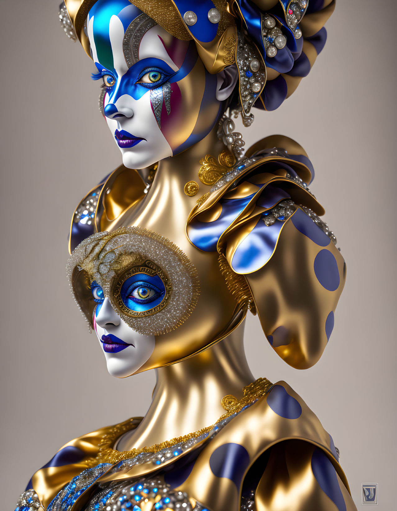 Ornate Venetian-style Carnival Masks with Gold and Blue Detailing