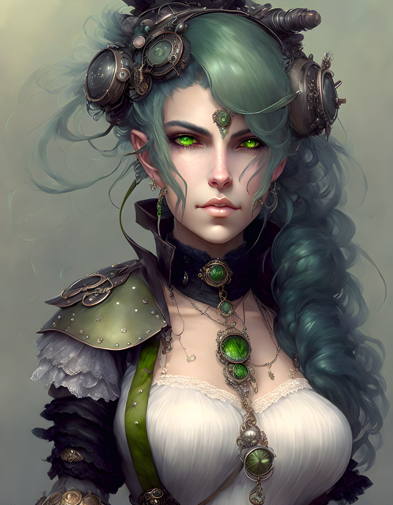 Fantasy portrait of woman with green hair and steampunk accessories