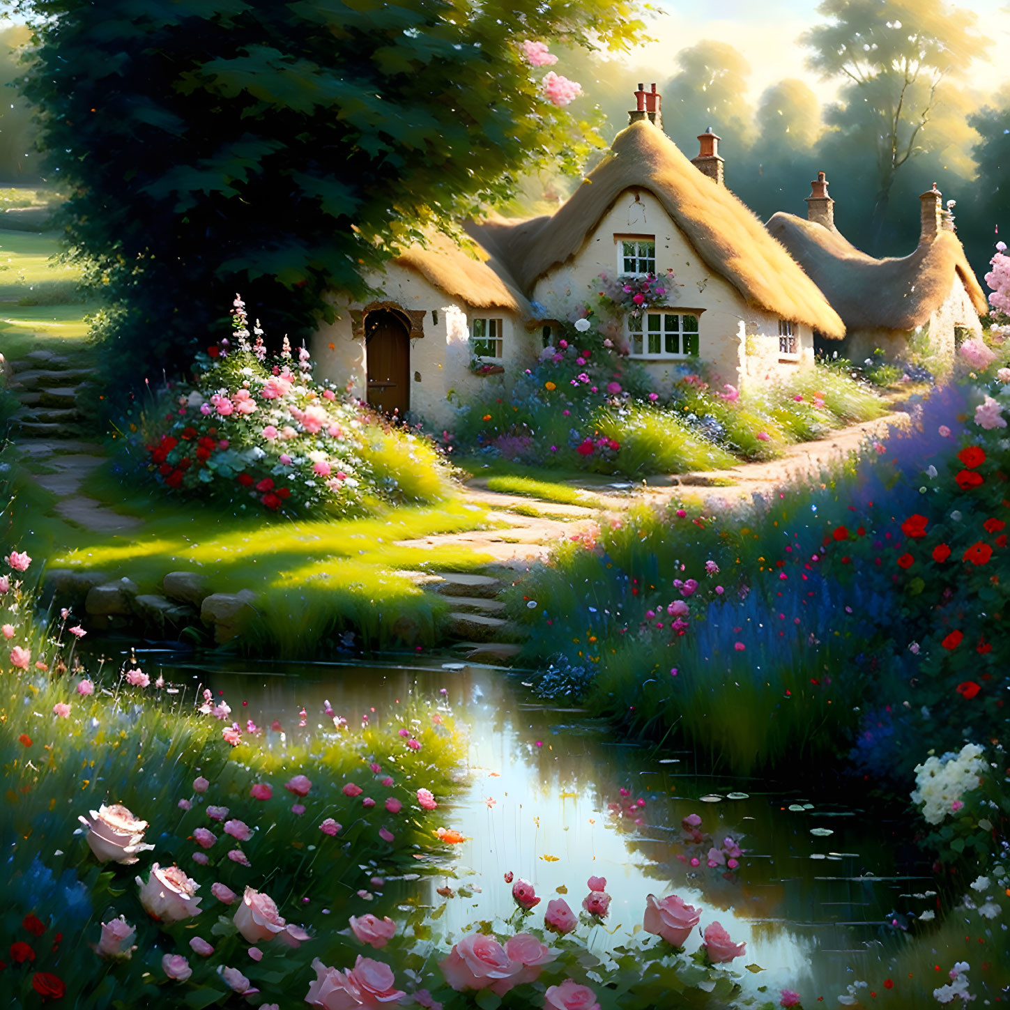 Thatched Roof Cottage Surrounded by Blossoming Flowers