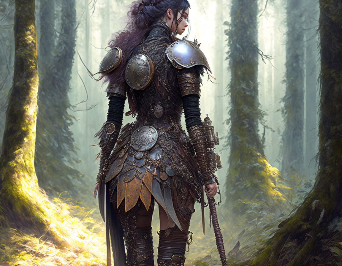 Detailed armored warrior in misty forest with sword, ready stance