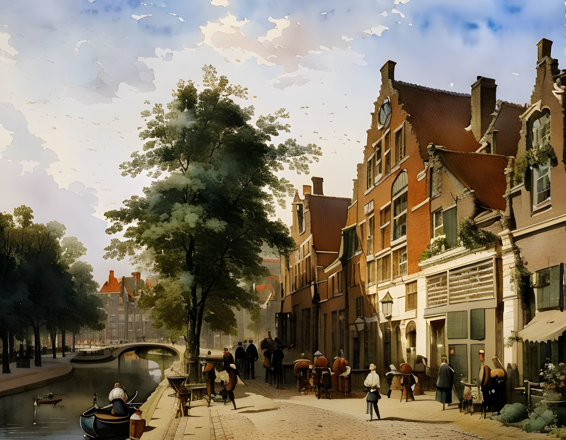 European Canal Side with People, Boats, and Historic Buildings on Sunny Day