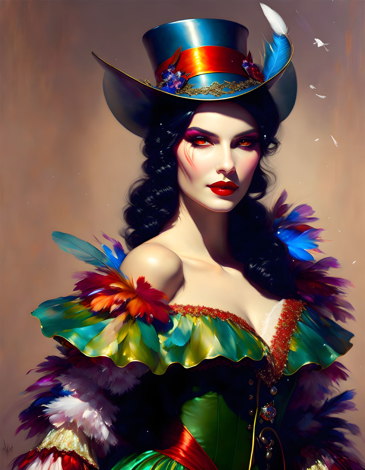 Dark-haired woman in vibrant corsair hat and feathered outfit.